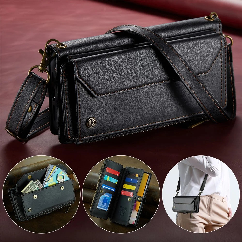 For Samsung Galaxy A72 4G Leather Case CASEME C36 Zipper Multiple Card Slots Phone Cover with Straps - Black - 5