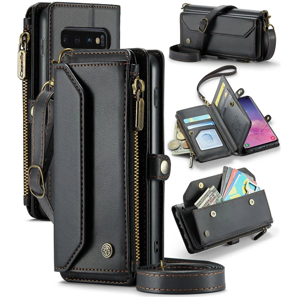 For Samsung Galaxy S10 5G Leather Case CASEME C36 Zipper Multiple Card Slots Phone Cover with Straps - Black - 1