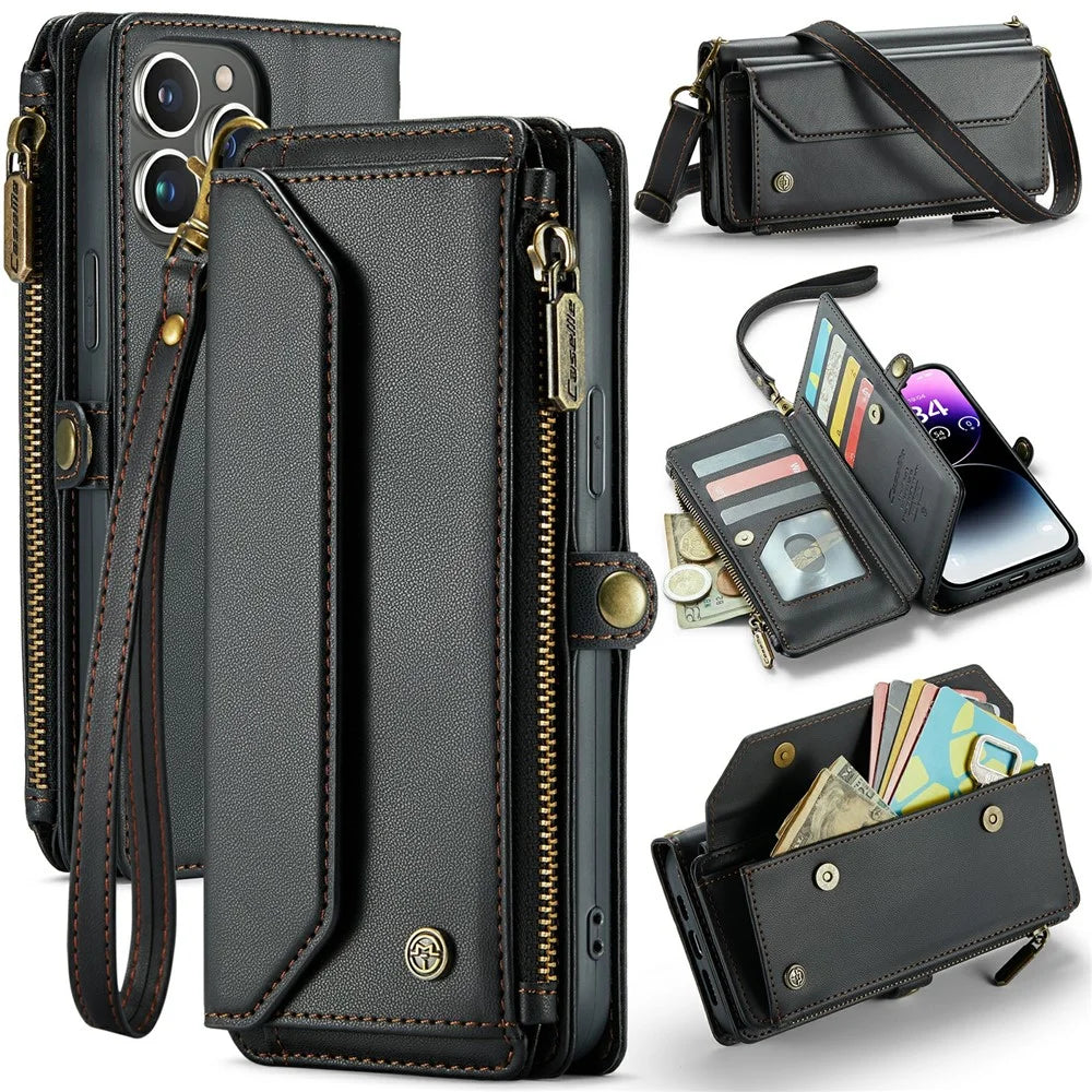 For iPhone 14 Pro Max Leather Case CASEME C36 Zipper Multiple Card Slots Phone Cover with Straps - Black - 1