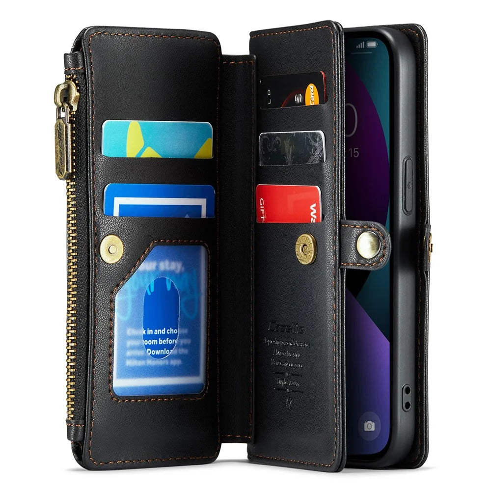 For iPhone 13 Leather Case CASEME C36 Zipper Multiple Card Slots Phone Cover with Straps - Black - 2