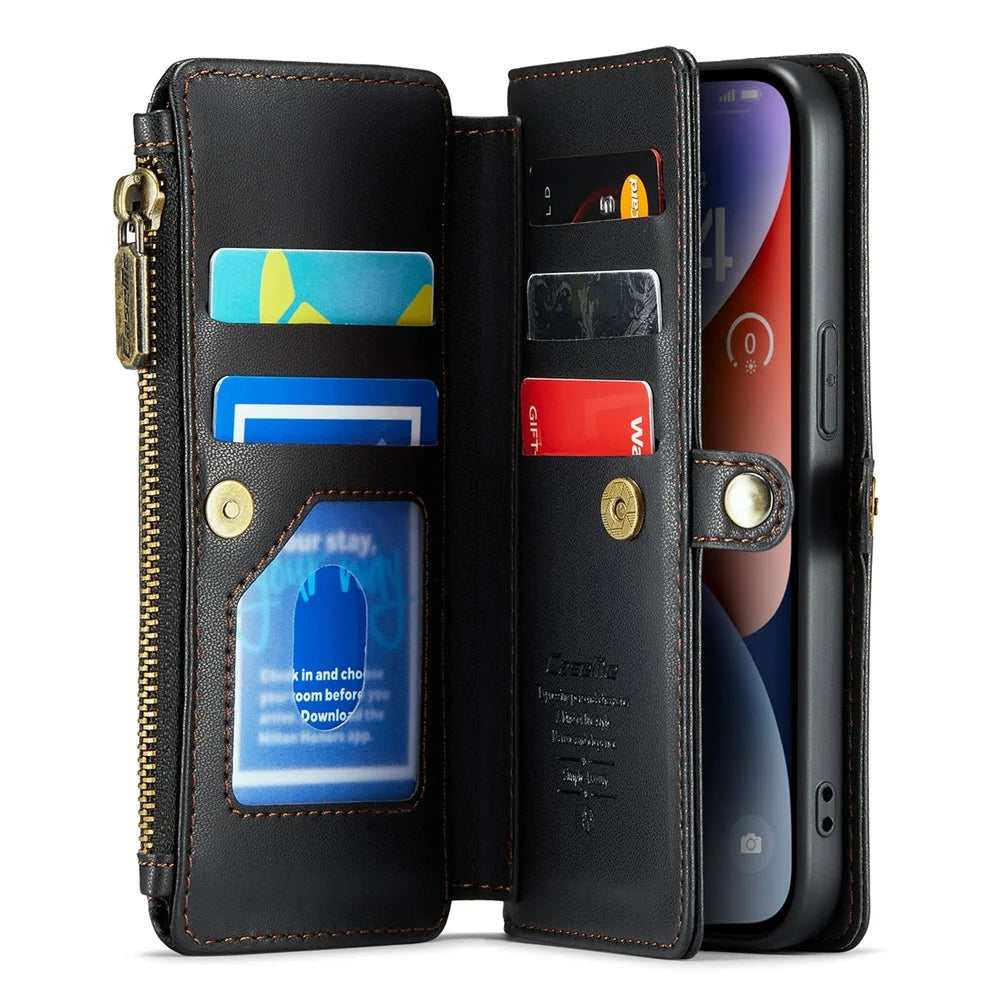For iPhone 14 Leather Case CASEME C36 Zipper Multiple Card Slots Phone Cover with Straps - Black - 2