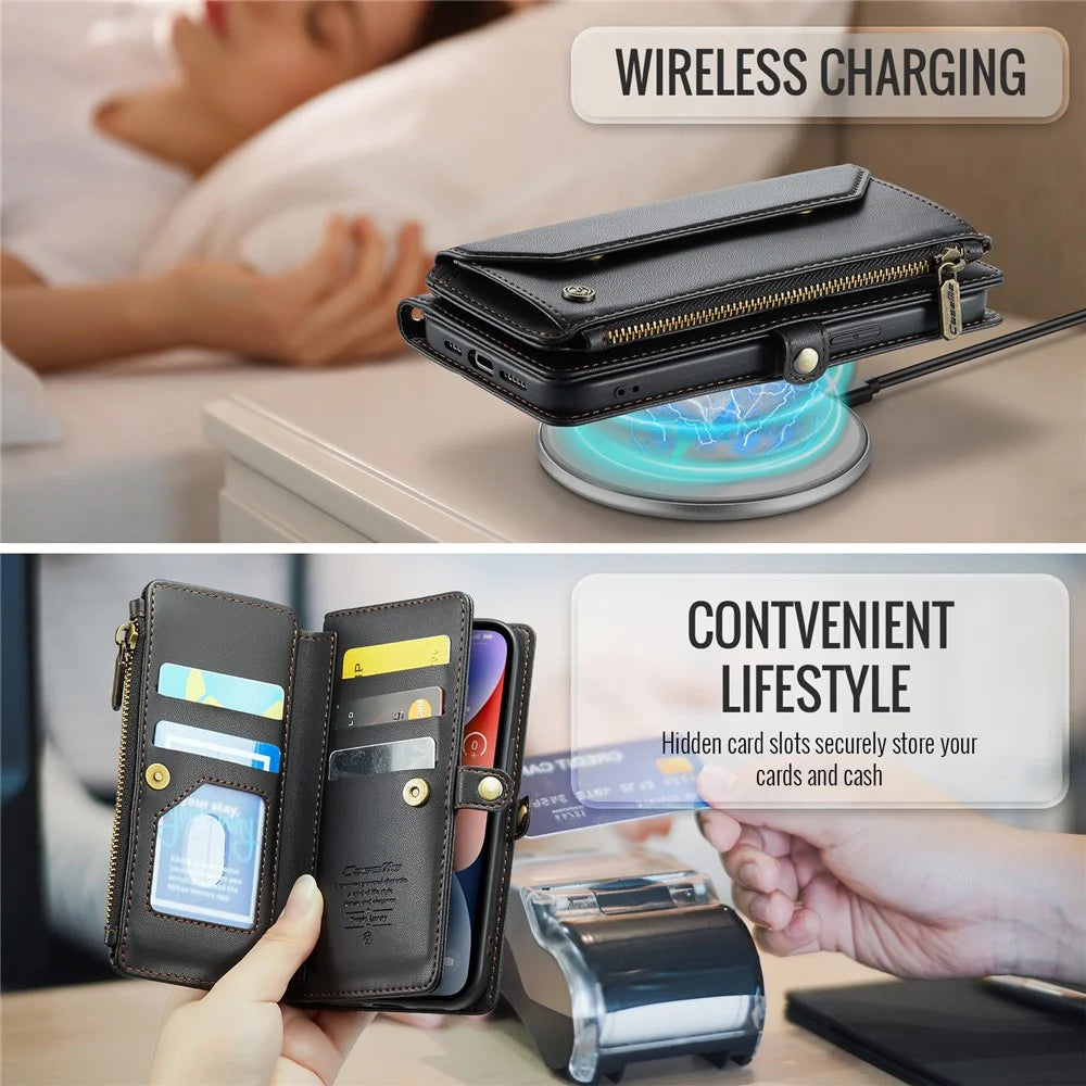 For iPhone 14 Leather Case CASEME C36 Zipper Multiple Card Slots Phone Cover with Straps - Black - 7