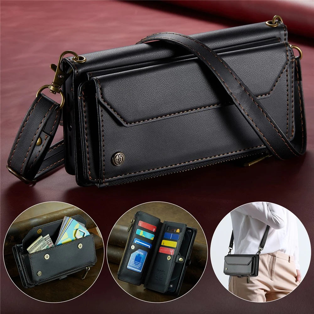 For iPhone 12 Pro Max Leather Case CASEME C36 Zipper Multiple Card Slots Phone Cover with Straps - Black - 5