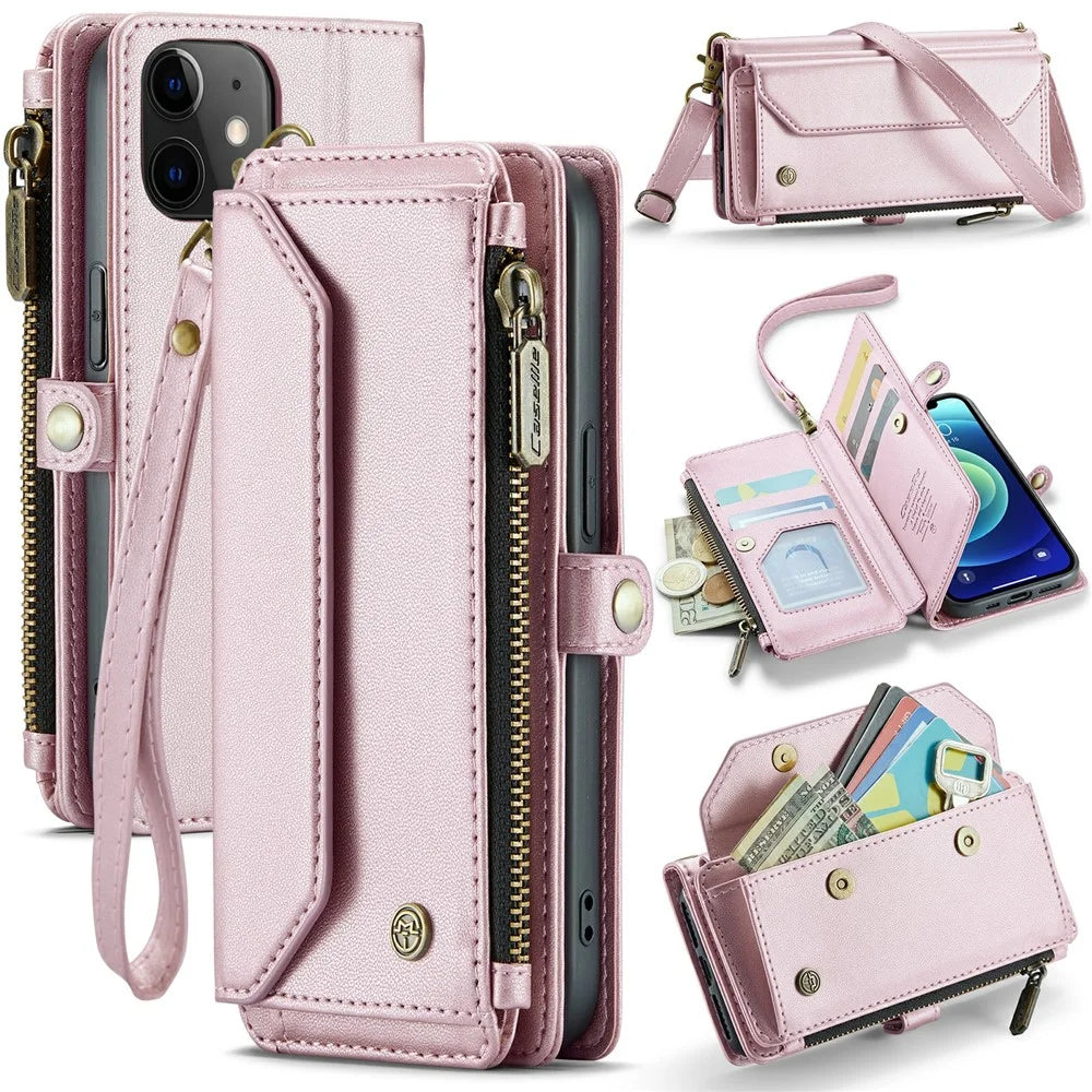 For iPhone 12 / 12 Pro Leather Case CASEME C36 Zipper Multiple Card Slots Phone Cover with Straps - Pink - 1
