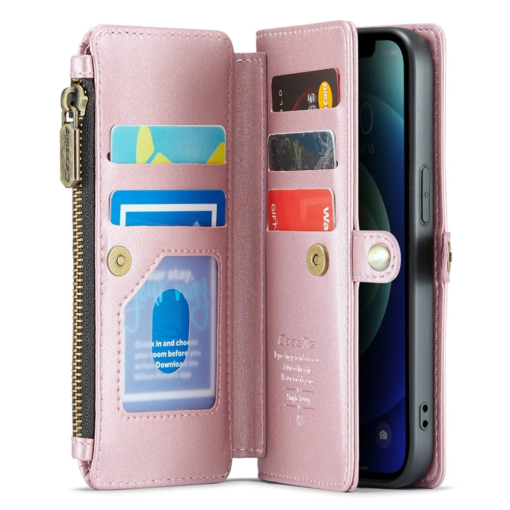 For iPhone 12 / 12 Pro Leather Case CASEME C36 Zipper Multiple Card Slots Phone Cover with Straps - Pink - 2