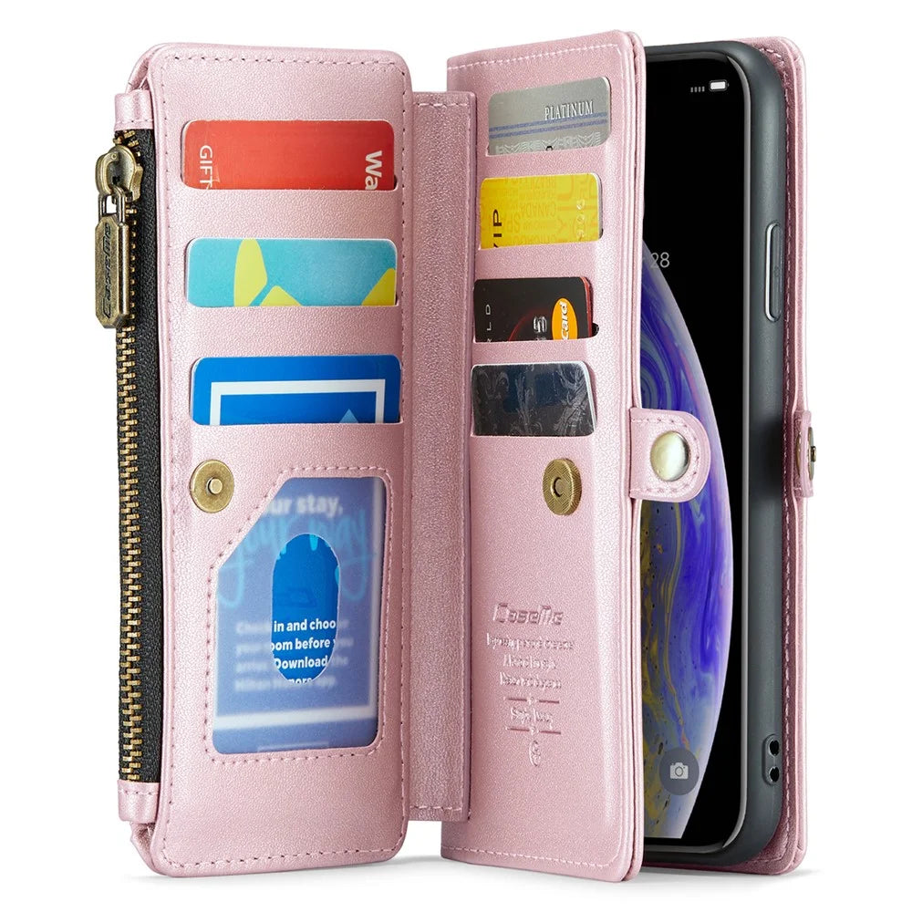For iPhone XS Max Leather Case CASEME C36 Zipper Multiple Card Slots Phone Cover with Straps - Pink - 2