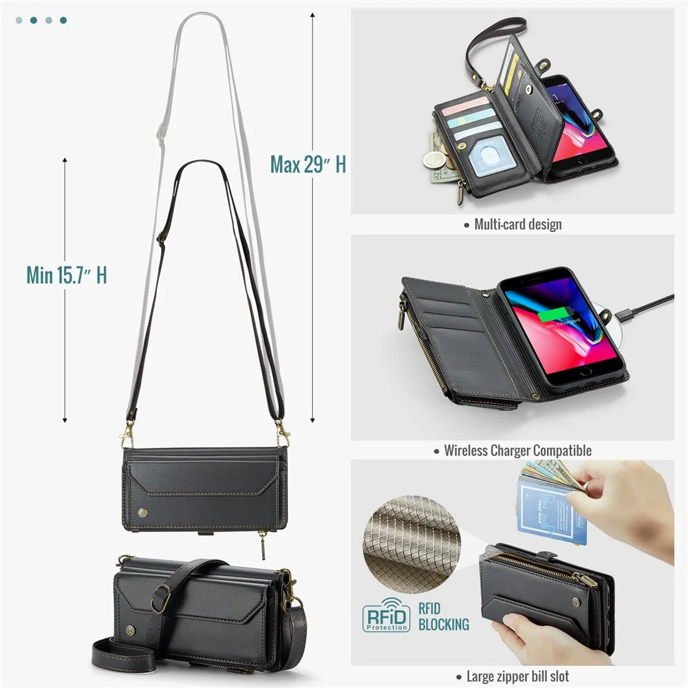 For iPhone 6 Plus / 6s Plus / 7 Plus / 8 Plus Leather Case CASEME C36 Zipper Multiple Card Slots Phone Cover with Straps - Black - 5