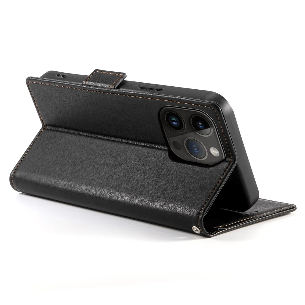 DF-010 For iPhone 14 Pro Case PU Leather Wallet Stand Phone Cover - Black - 3