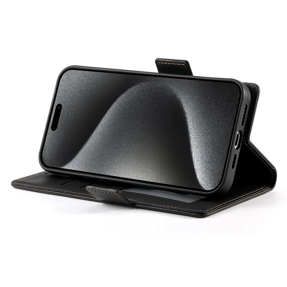 DF-010 For iPhone 14 Pro Case PU Leather Wallet Stand Phone Cover - Black - 4