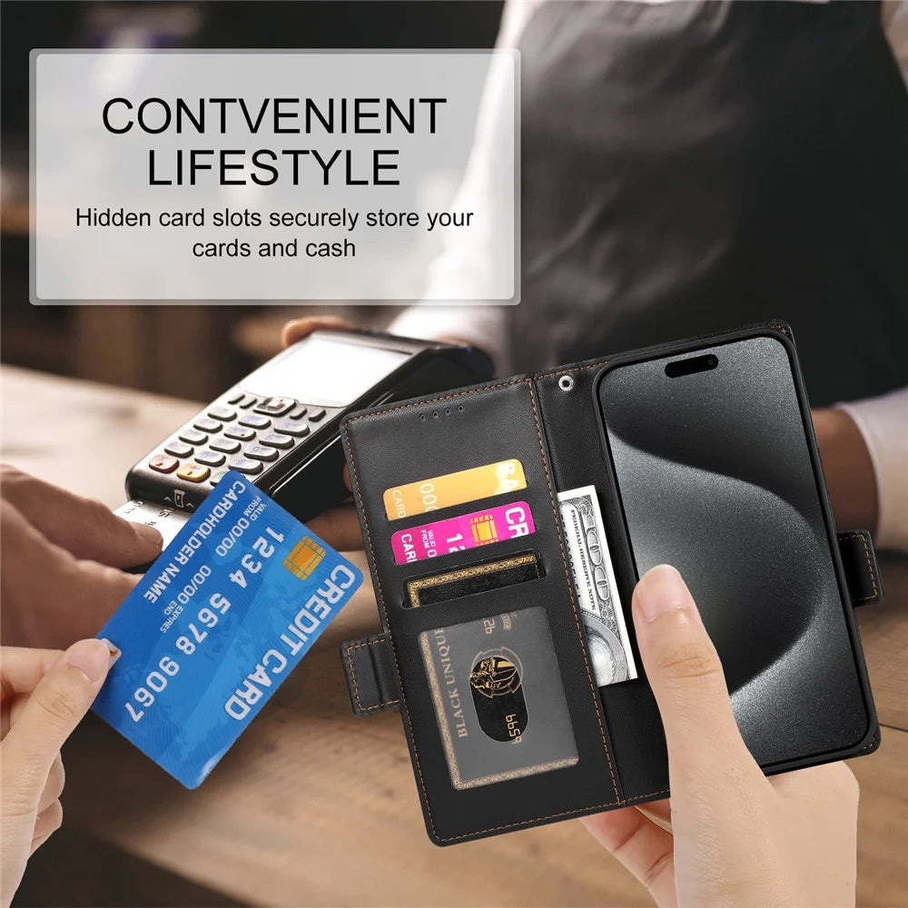 DF-010 For iPhone 14 Pro Case PU Leather Wallet Stand Phone Cover - Black - 5