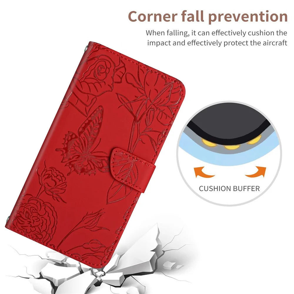 HT03 For iPhone 16 Plus Case Butterfly Flower Imprint Shockproof Leather Phone Cover - Red - 6