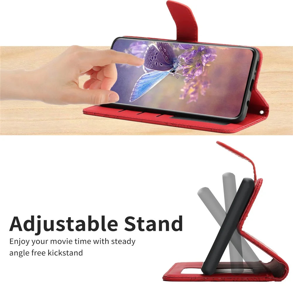 HT03 For iPhone 16 Plus Case Butterfly Flower Imprint Shockproof Leather Phone Cover - Red - 7