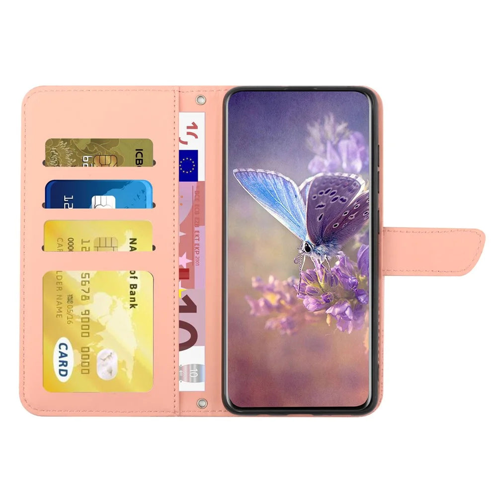 HT03 For iPhone 16 Case Butterfly Flowers Leather Crossbody Phone Cover Skin-Touch - Pink - 2
