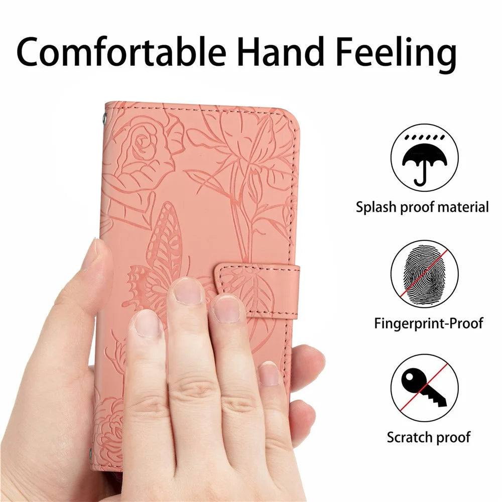 HT03 For iPhone 16 Case Butterfly Flowers Leather Crossbody Phone Cover Skin-Touch - Pink - 6