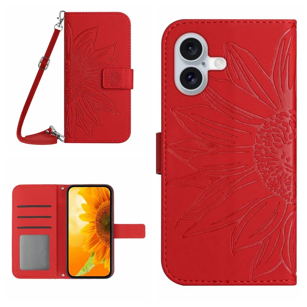 HT04 For iPhone 16 Case Sunflower Skin-Feel Leather Phone Cover with Shoulder Strap - Red - 1