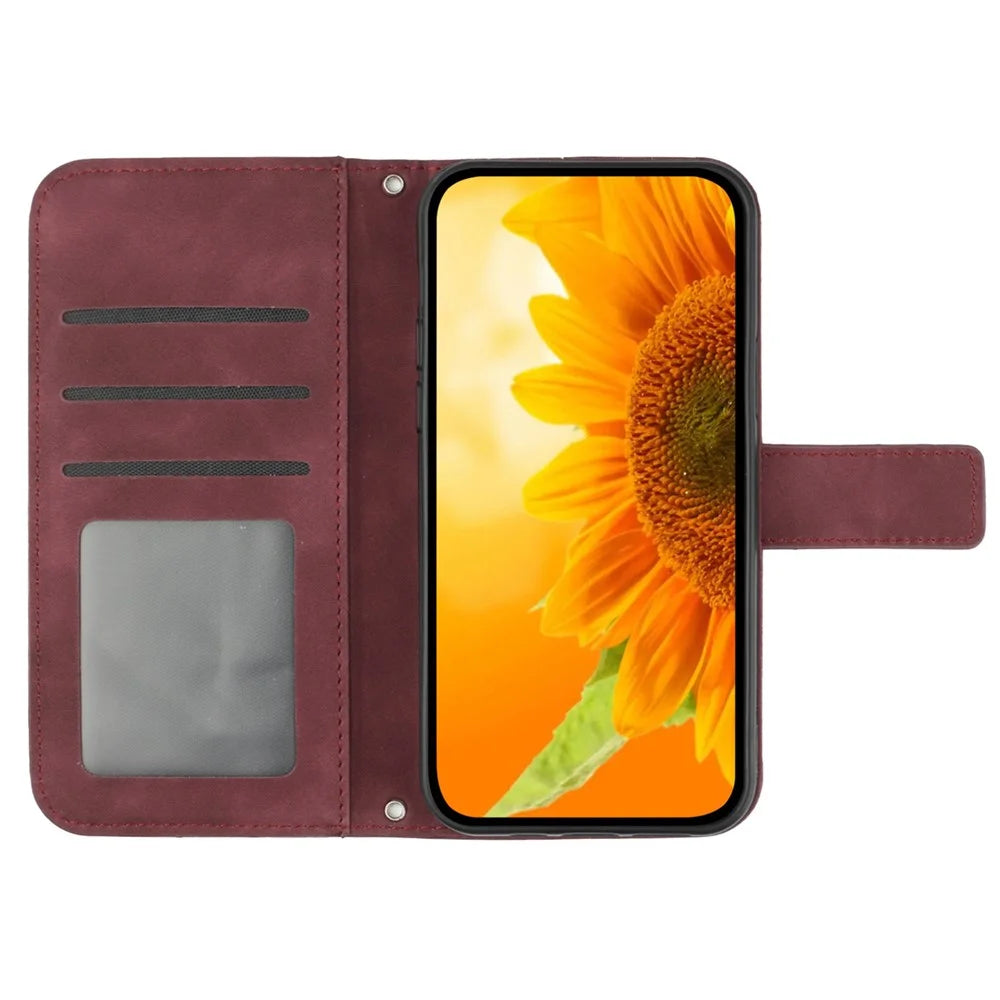 HT04 For iPhone 16 Case Sunflower Imprint Leather Wallet Phone Cover with Hand Strap - Wine Red - 2
