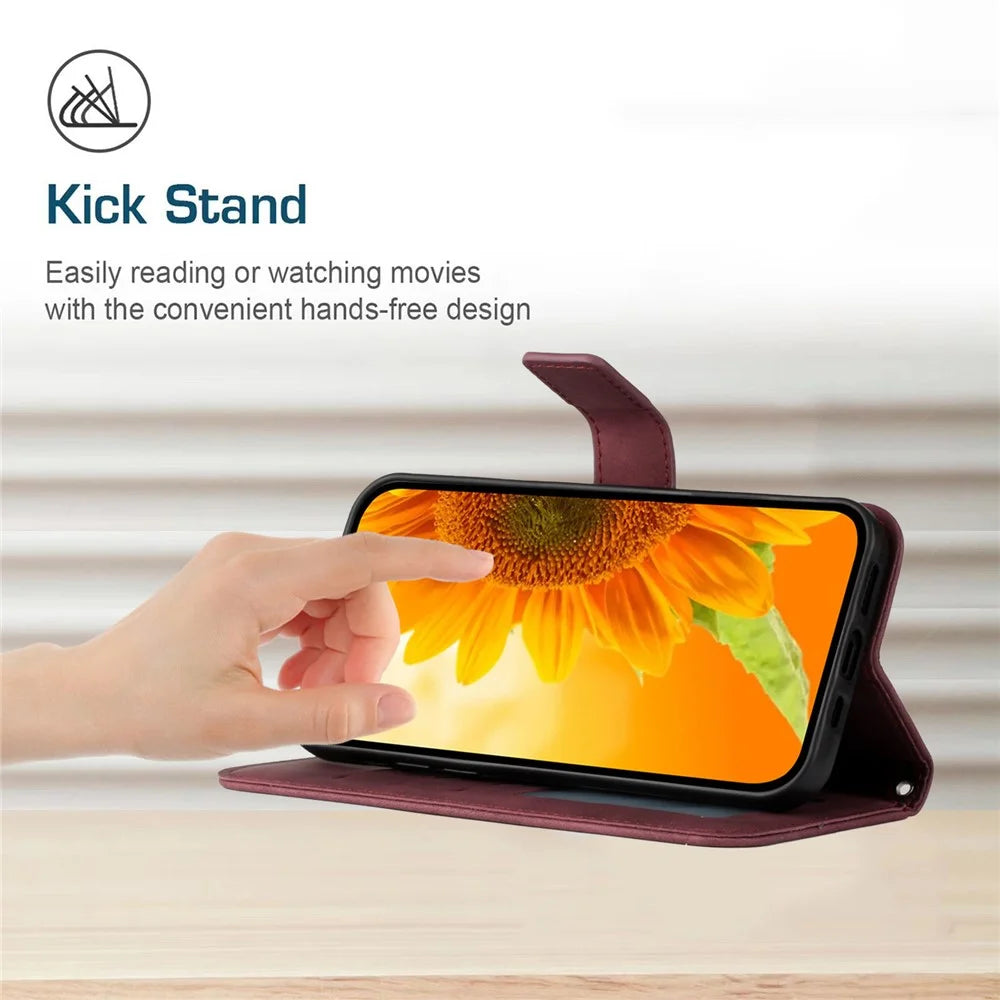 HT04 For iPhone 16 Case Sunflower Imprint Leather Wallet Phone Cover with Hand Strap - Wine Red - 3