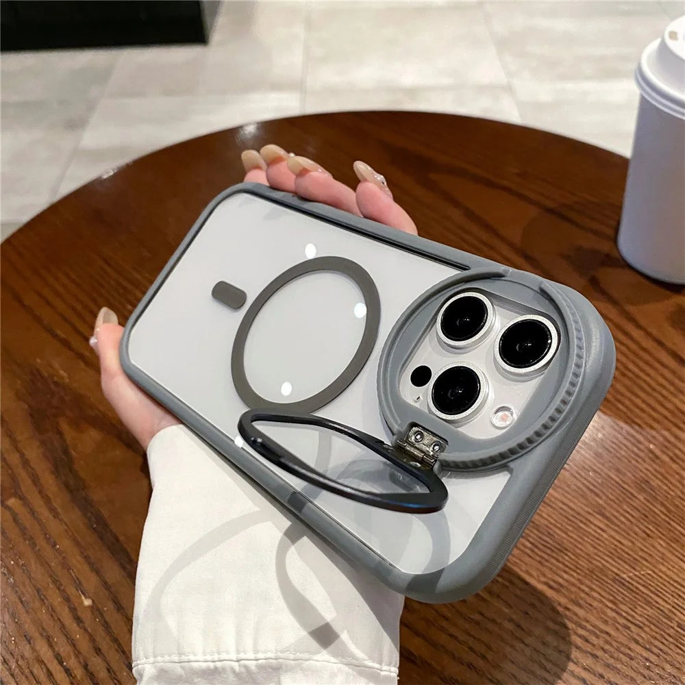 For iPhone 14 Pro Case Camera Lid Kickstand TPU+Acrylic Phone Cover Compatible with MagSafe - Grey - 2