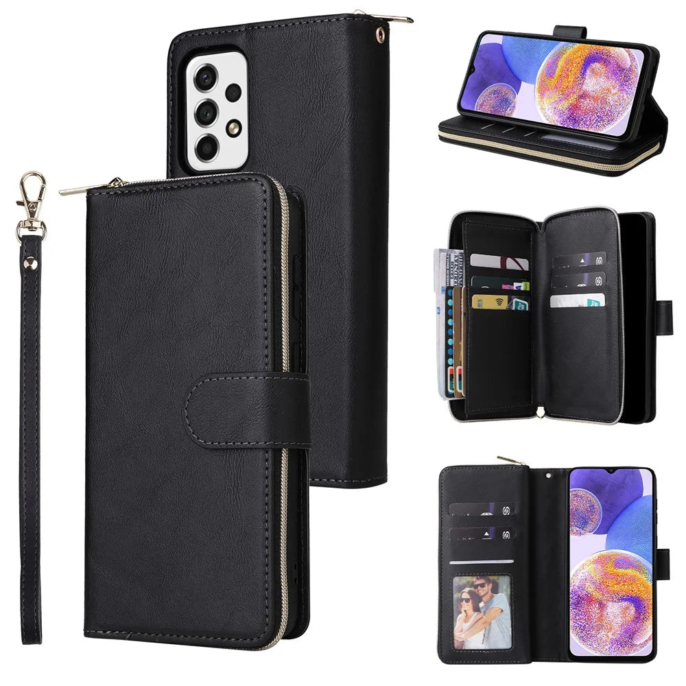 For Samsung Galaxy A23 4G / M23 5G / A23 5G (Global Version) Case Card Slots Leather Phone Cover - Black - 1