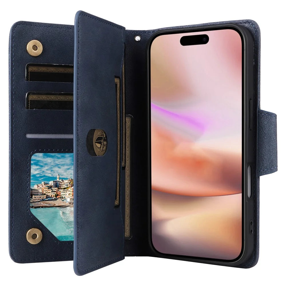For iPhone 16 Plus Shockproof Case Rivet Decor PU Leather Zipper Wallet Phone Cover - Blue - 4