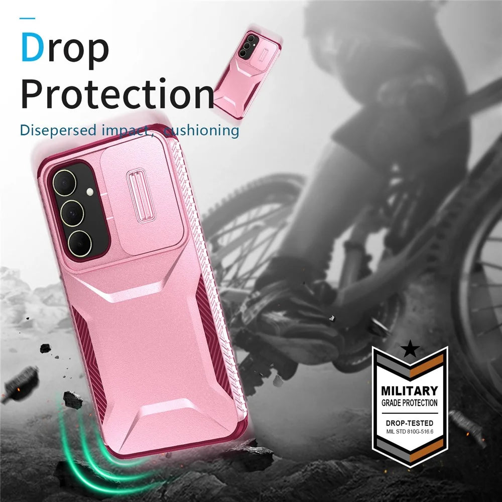 For Samsung Galaxy A35 5G Case Drop Protection TPU+PC Phone Cover with Camera Lid - Pink / Wine Red - 6