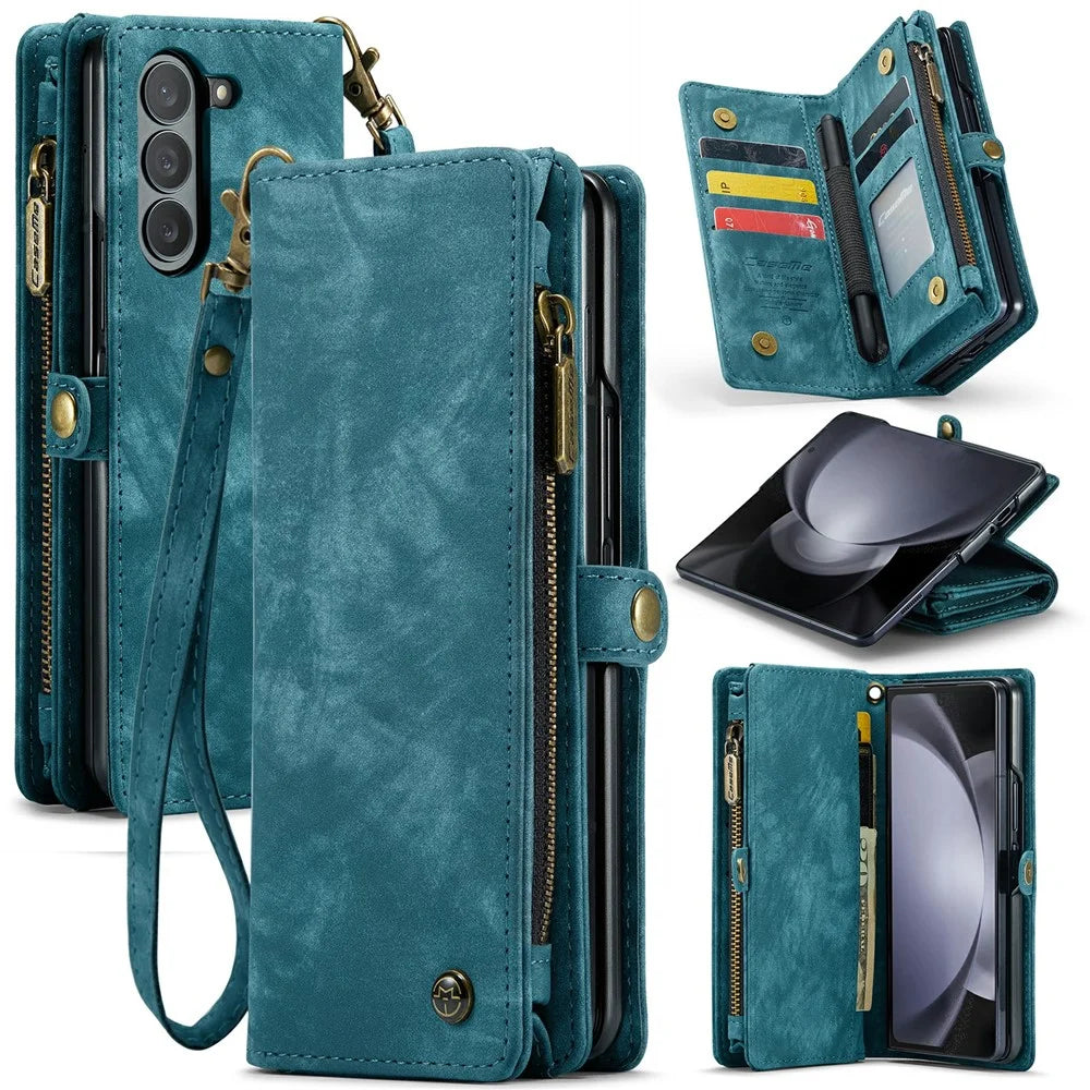 For Samsung Galaxy Z Fold5 5G Phone Cases CASEME 008 Leather Cover with Detachable Wallet and Strap - Blue - 1