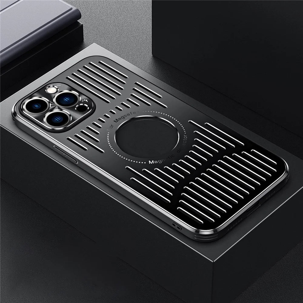 Magnetic Case for iPhone 14 Pro 6.1 inch Phone Cover Hollow Heat Dissipation Phone Case PC+Metal Phone Cover - Black - 2