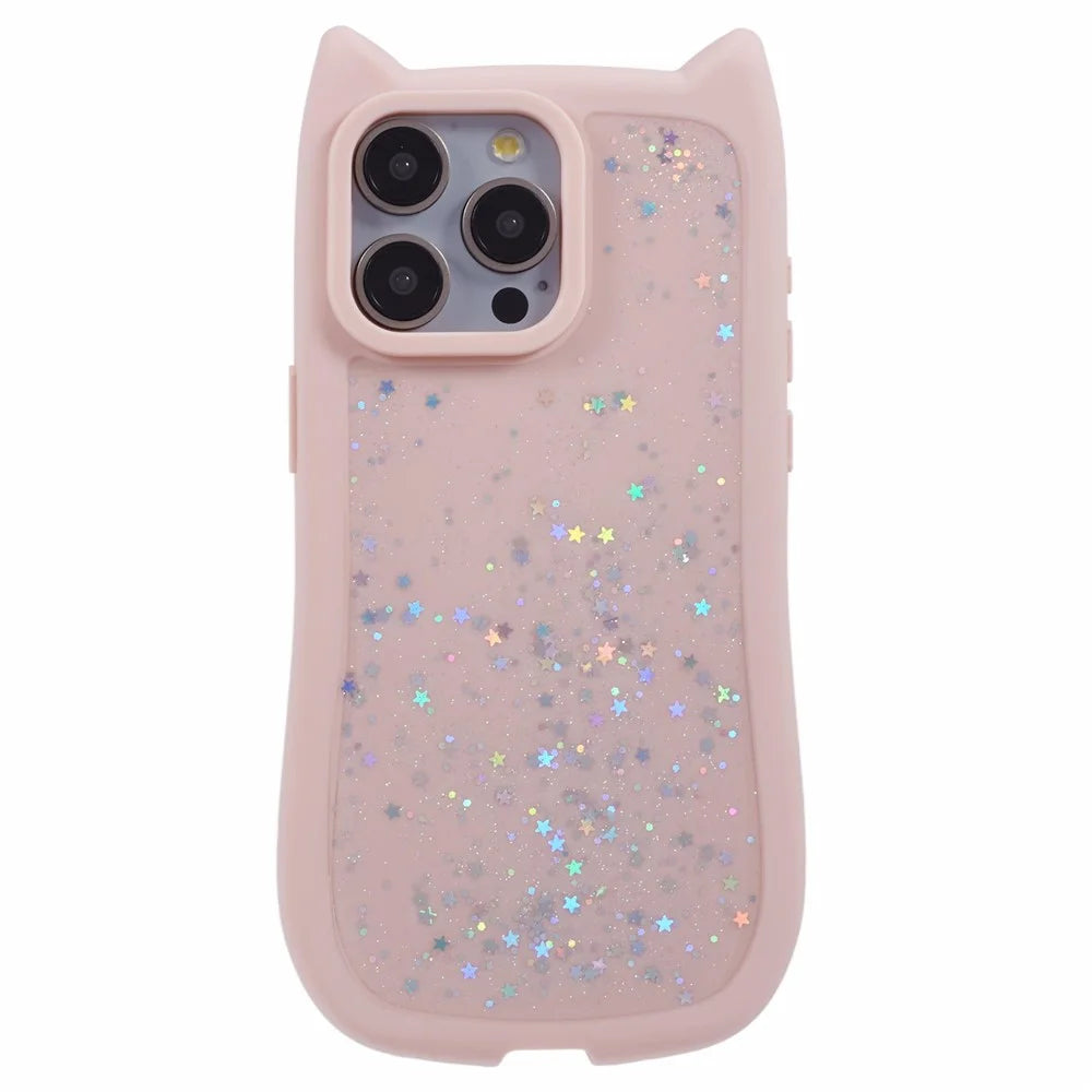 JTW Series For iPhone 14 Pro Case Cat Ear TPU Phone Cover Epoxy Cute Bling Shiny - Pink - 1