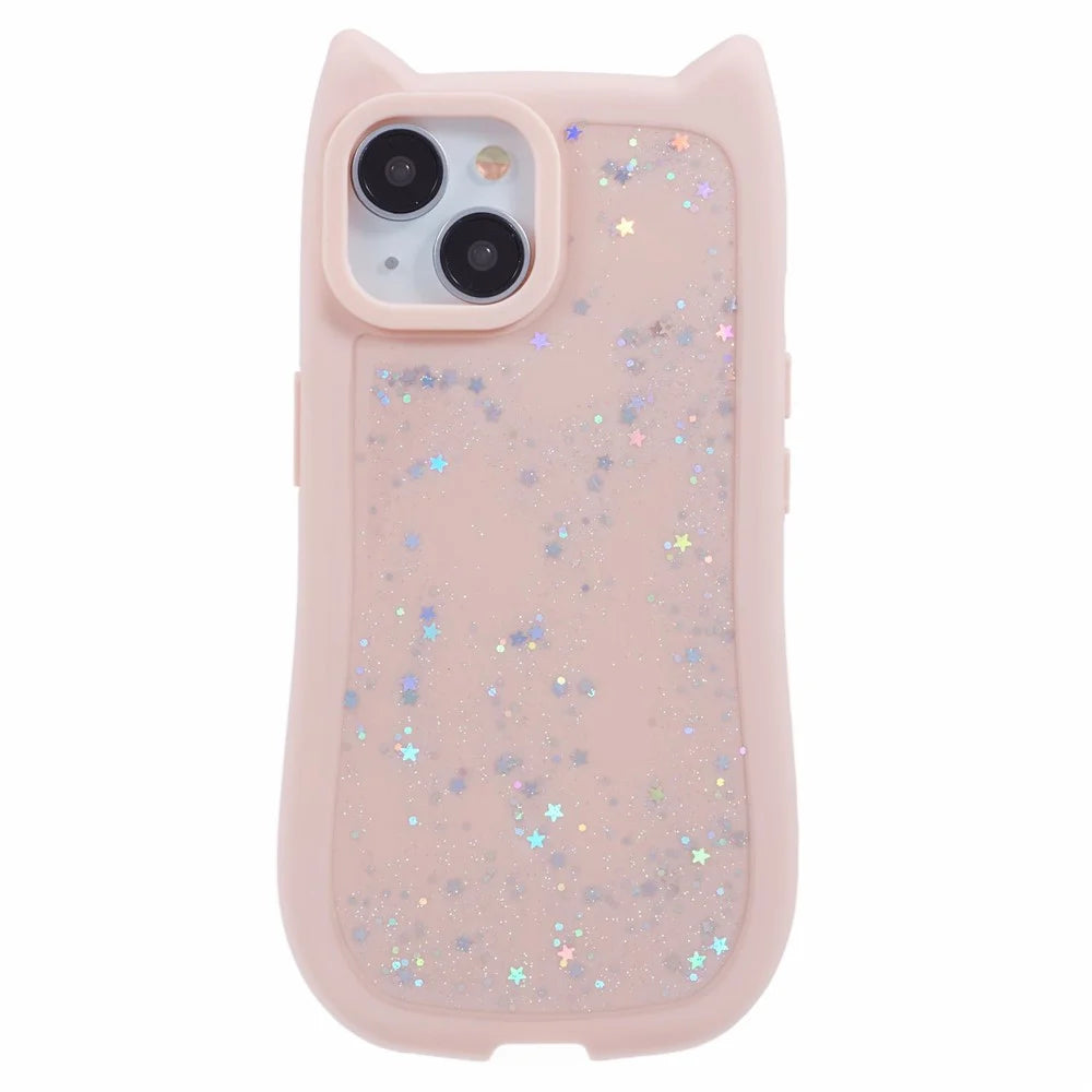 JTW Series For iPhone 15 Case Cat Ear Decor Epoxy TPU Phone Cover - Pink - 1