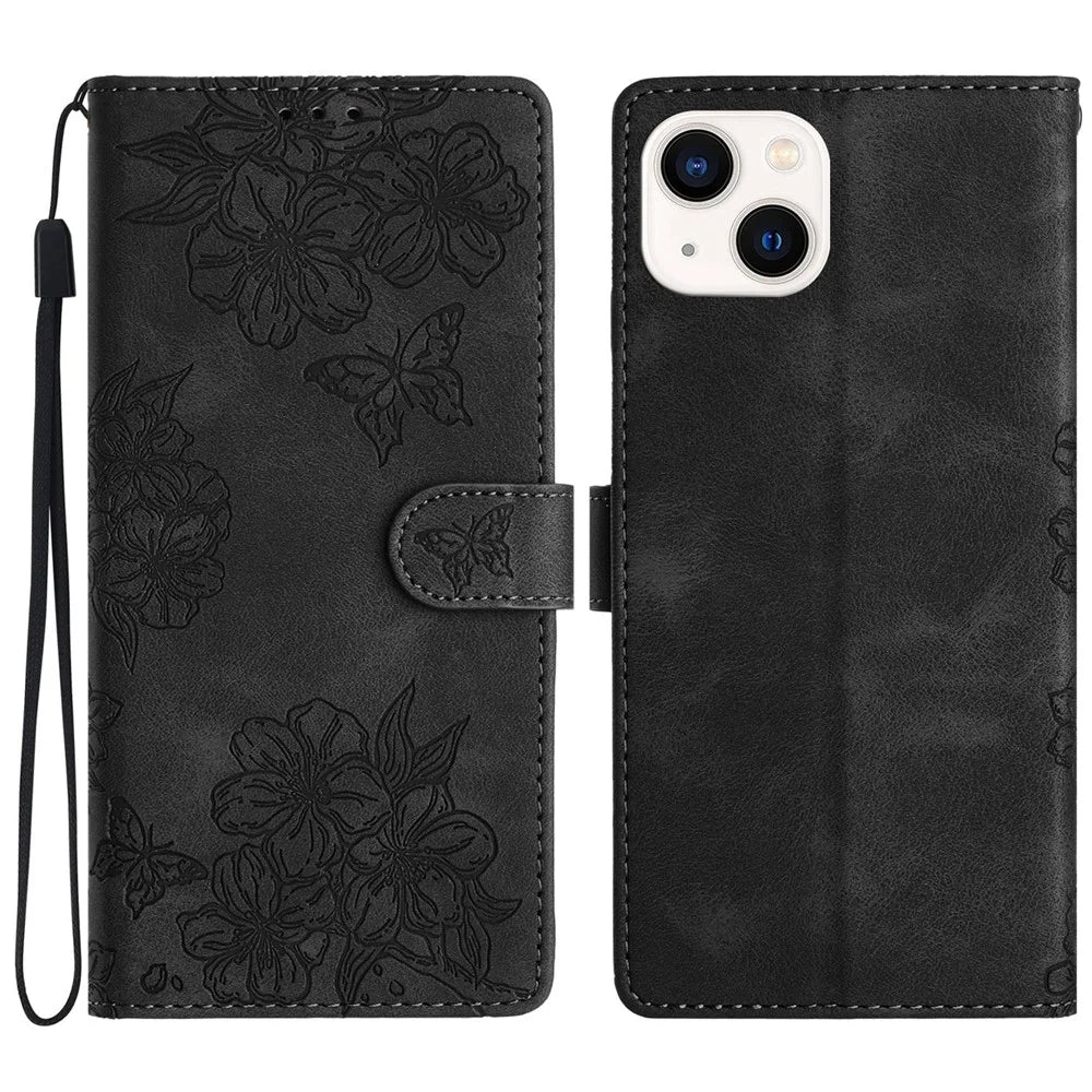 For iPhone 14 Plus Skin-Touch Feeling PU Leather Phone Case Imprinted Pattern Wallet Phone Cover - Black - 1