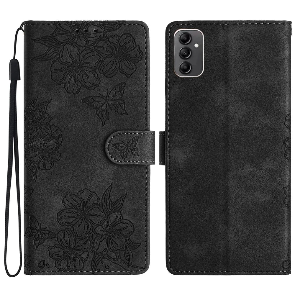 For Samsung Galaxy A14 5G Case Sakura Butterfly Imprint Anti-Scratch PU Leather Phone Cover - Black - 1