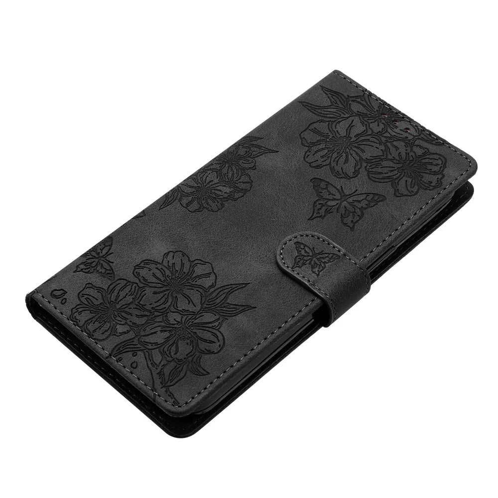 For Samsung Galaxy A14 5G Case Sakura Butterfly Imprint Anti-Scratch PU Leather Phone Cover - Black - 4