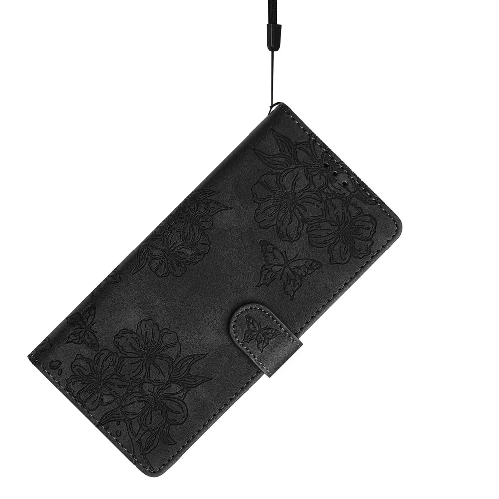 For Samsung Galaxy S21 5G / 4G   Phone Stand Case Sakura Butterfly Imprinted PU Leather Phone Cover - Black - 5