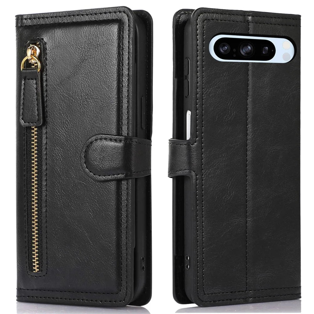 For Google Pixel 8 Pro Case Zipper Flip Leather Phone Cover Card Holder - Black - 1