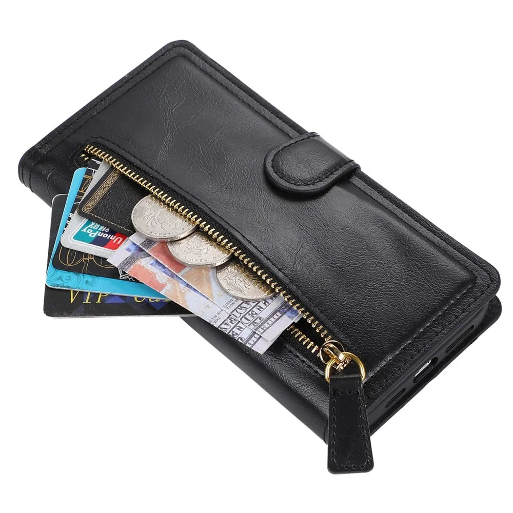 For Google Pixel 8 Pro Case Zipper Flip Leather Phone Cover Card Holder - Black - 4