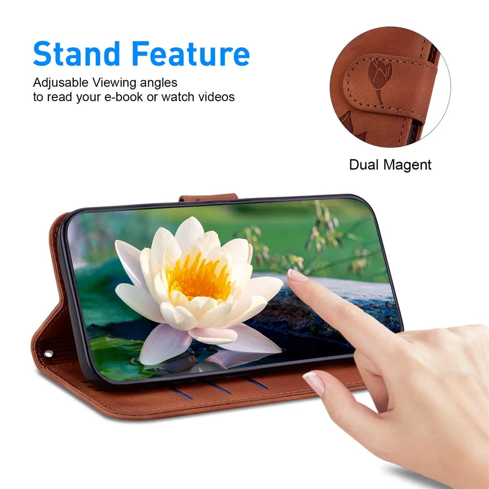 For iPhone 14 Case Lotus Imprinted PU Leather Flip Phone Wallet Cover - Brown - 3