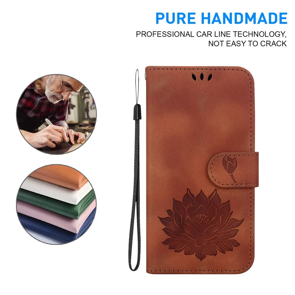 For iPhone 14 Case Lotus Imprinted PU Leather Flip Phone Wallet Cover - Brown - 4