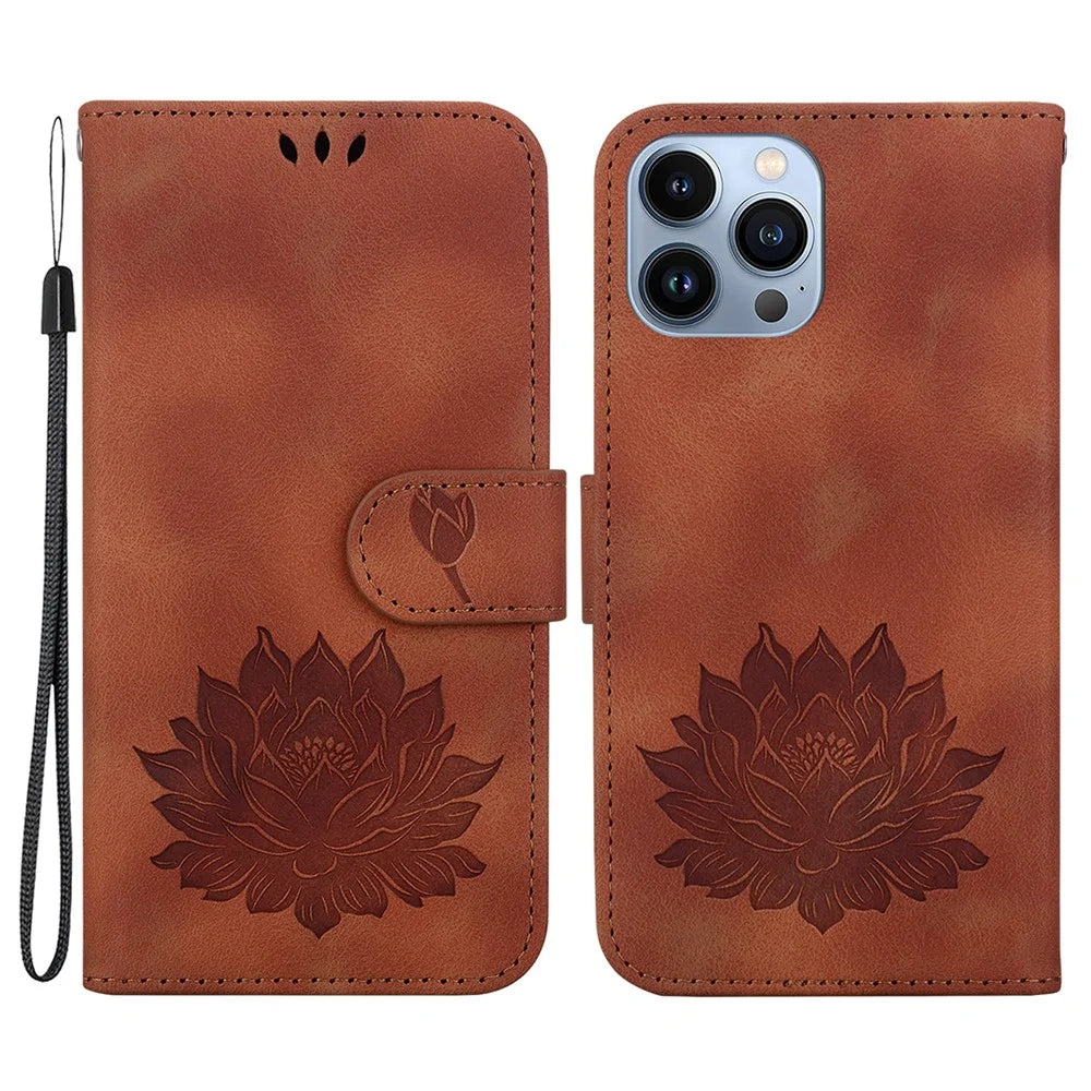 For iPhone 15 Pro Max Lotus Imprinted PU Leather Wallet Case Stand Folio Flip Phone Cover - Brown - 1