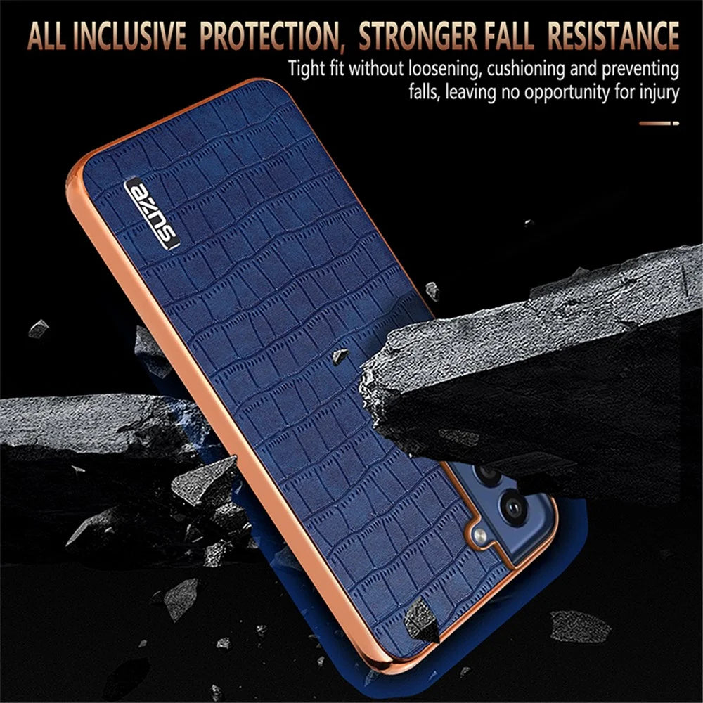 AZNS For Samsung Galaxy S21 FE 5G Case Crocodile Texture Electroplating Leather Back Phone Cover - Brown - 7