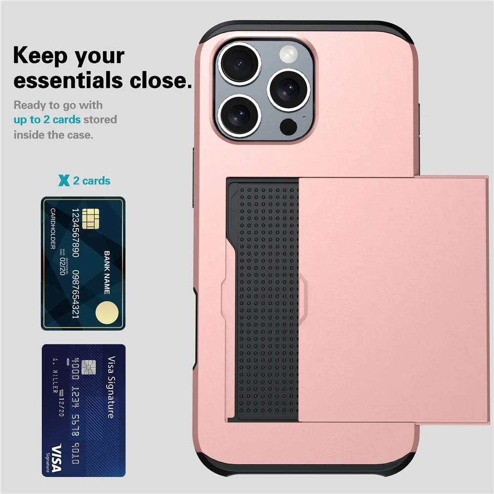 For iPhone 16 Pro Case Hidden Card Holder TPU + PC Phone Cover - Rose Gold - 3