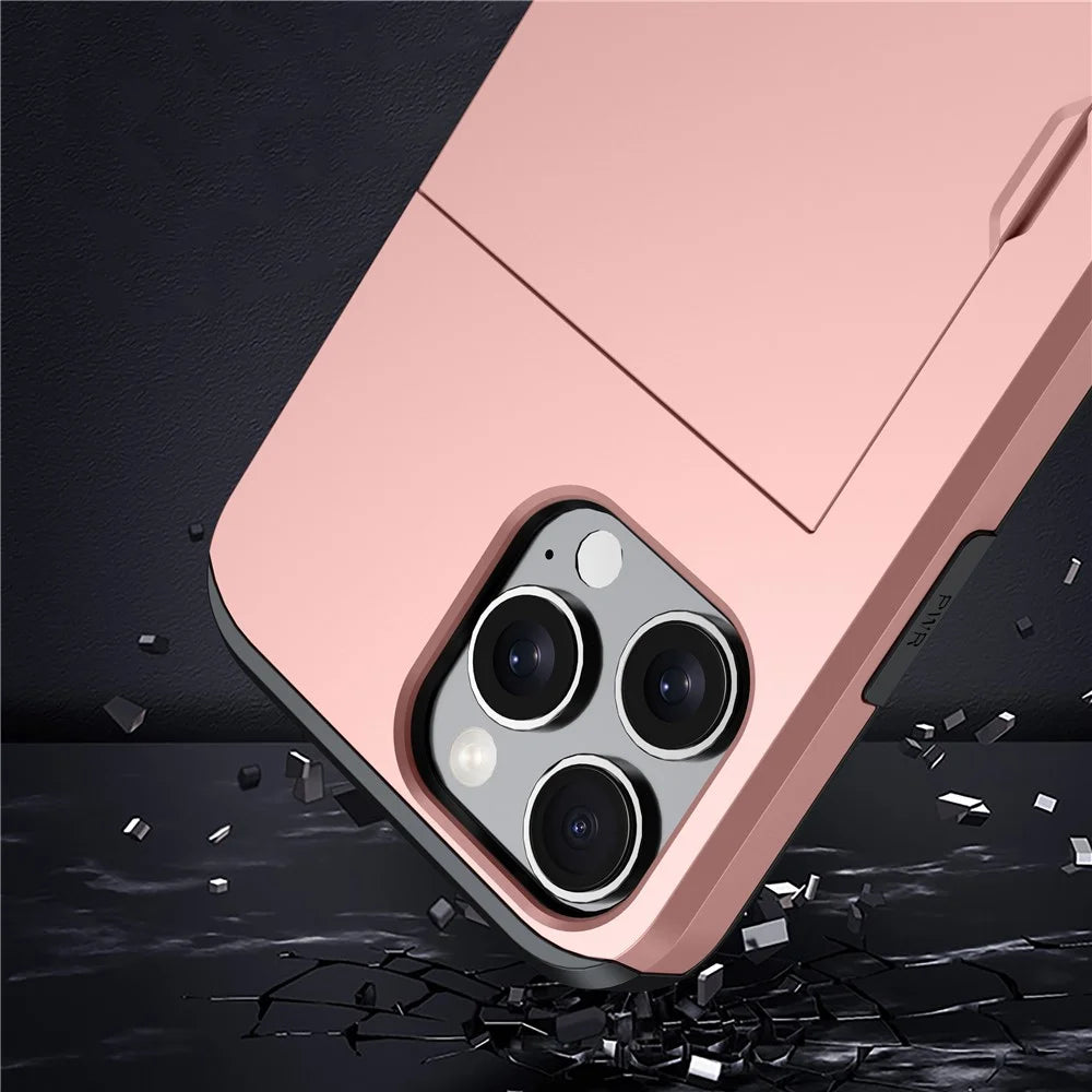 For iPhone 16 Pro Case Hidden Card Holder TPU + PC Phone Cover - Rose Gold - 7