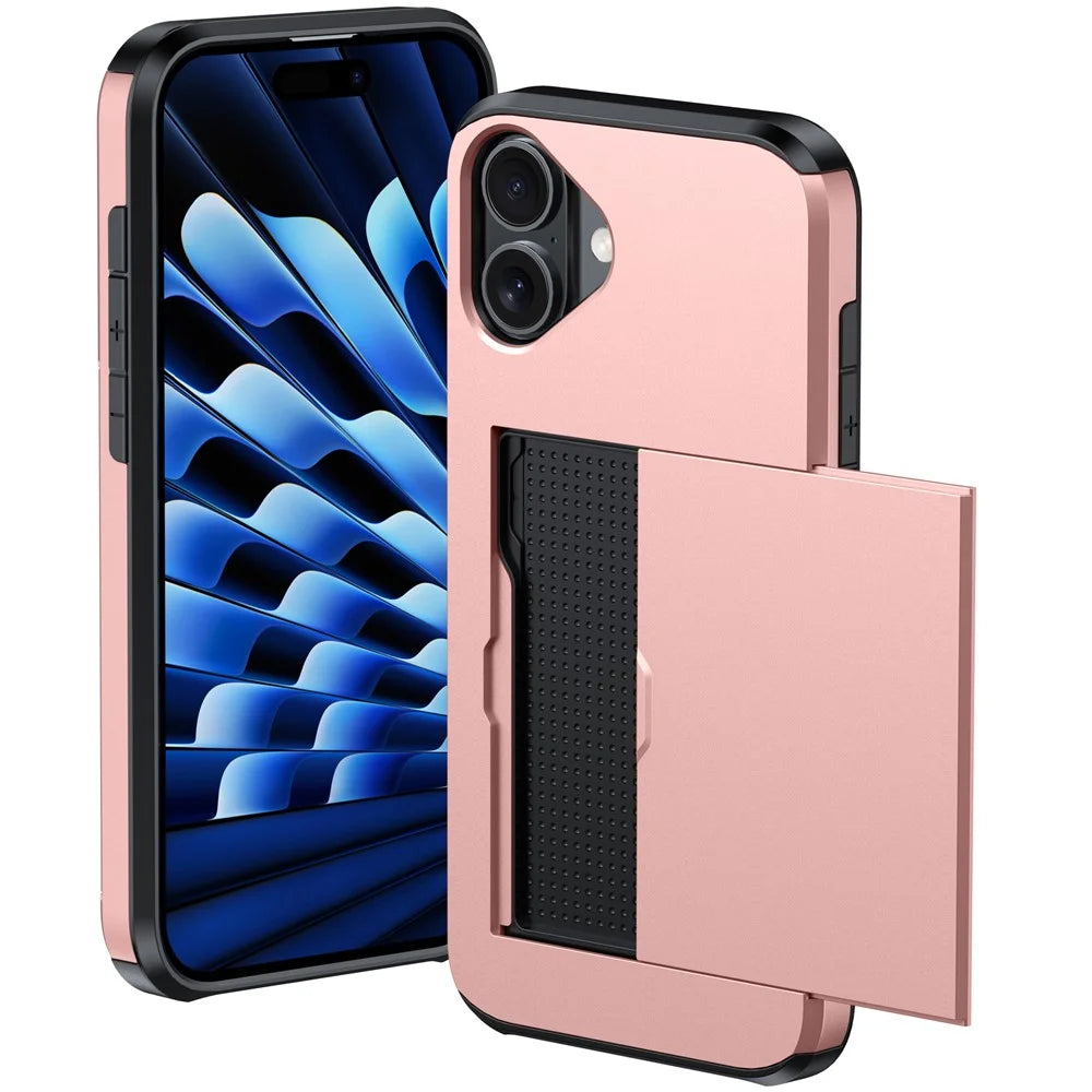 For  iPhone 16 Case Dual Layer TPU + PC Phone Cover with Sliding Card Slot - Rose Gold - 2