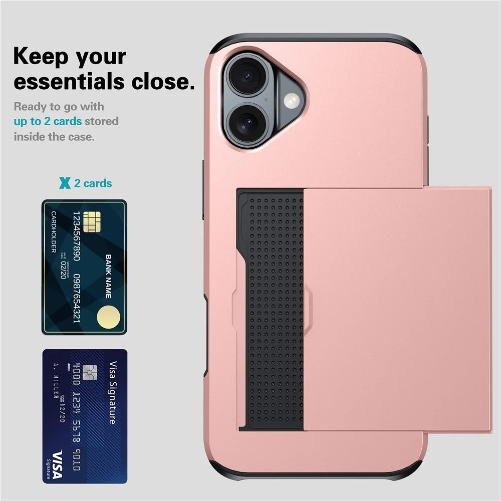 For  iPhone 16 Case Dual Layer TPU + PC Phone Cover with Sliding Card Slot - Rose Gold - 3