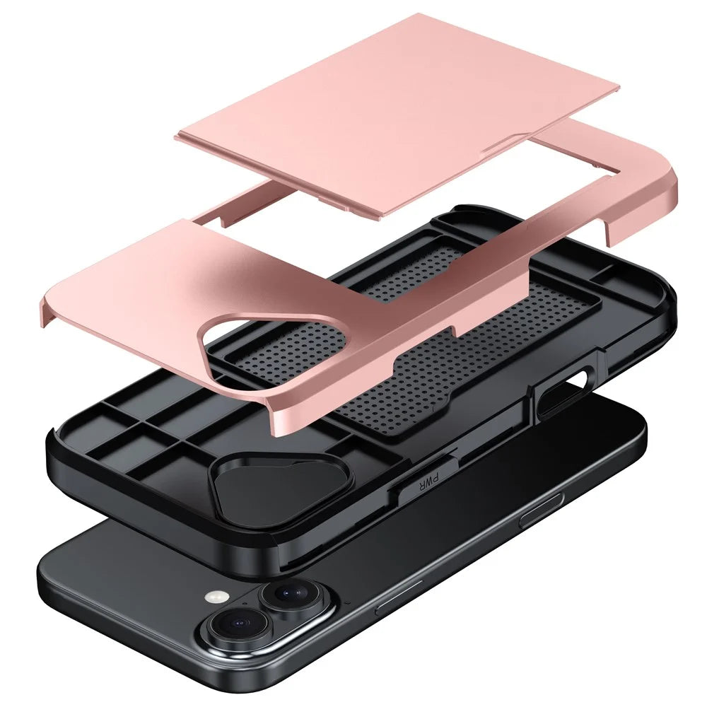 For  iPhone 16 Case Dual Layer TPU + PC Phone Cover with Sliding Card Slot - Rose Gold - 5