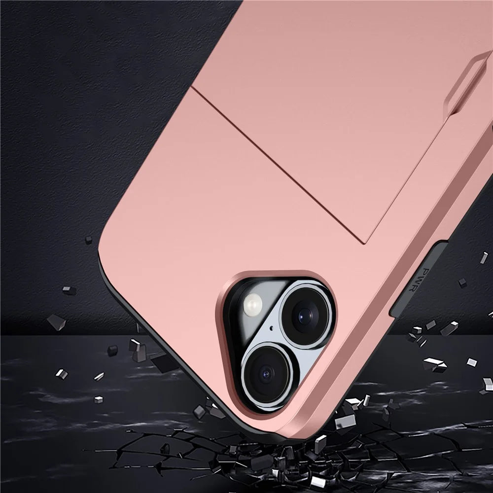 For  iPhone 16 Case Dual Layer TPU + PC Phone Cover with Sliding Card Slot - Rose Gold - 7