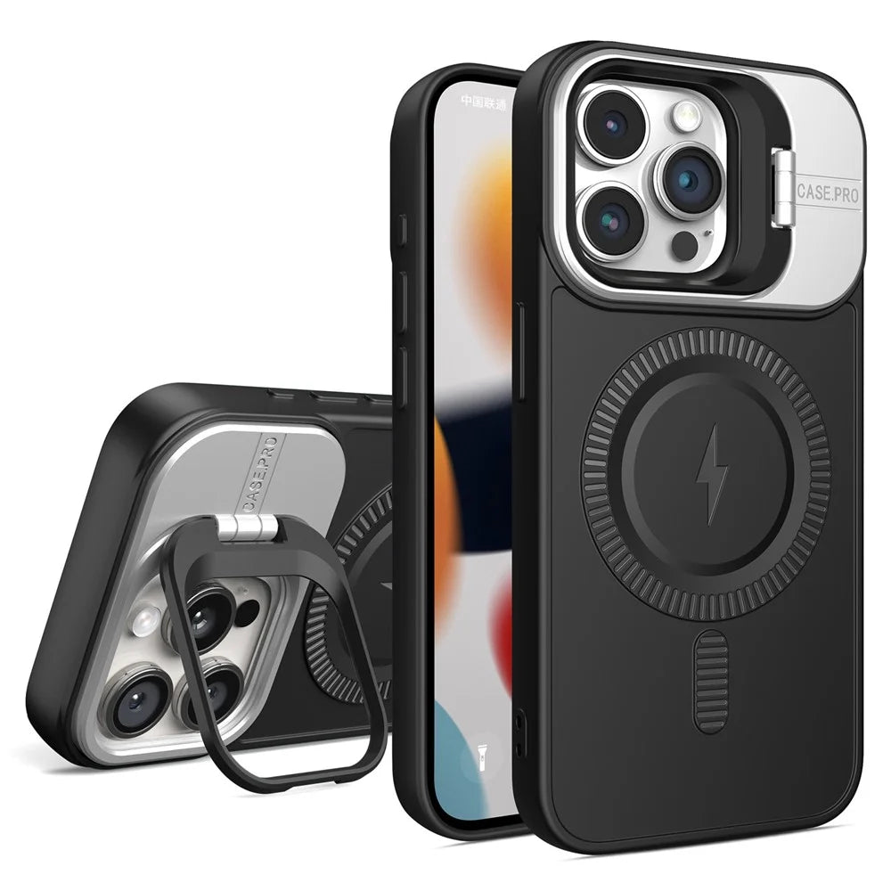 For iPhone 14 Pro Case Lens Frame Kickstand PC+TPU Phone Cover Compatible with MagSafe - Black - 1