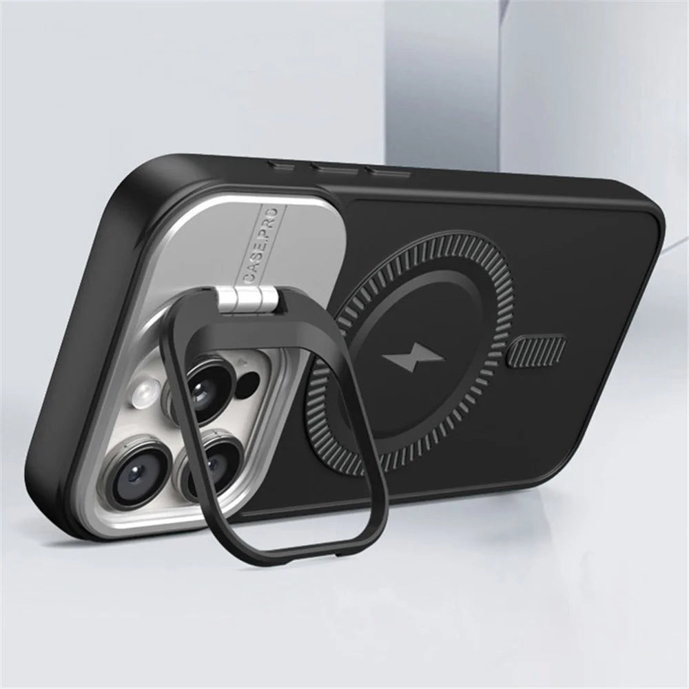 For iPhone 14 Pro Case Lens Frame Kickstand PC+TPU Phone Cover Compatible with MagSafe - Black - 2