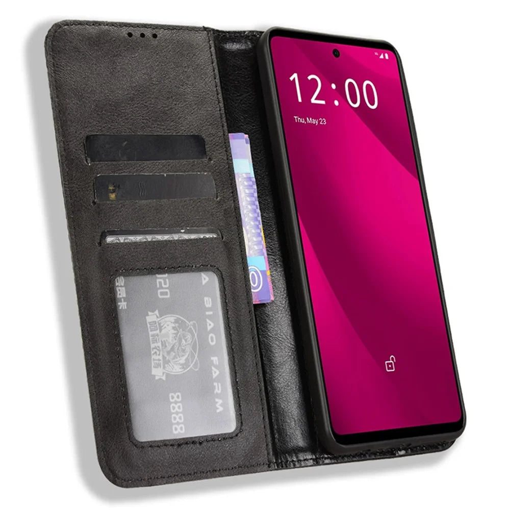 For T-Mobile REVVL 7 Pro / T Phone 2 Pro Case Magnetic Closing Retro Leather Phone Cover - Black - 2