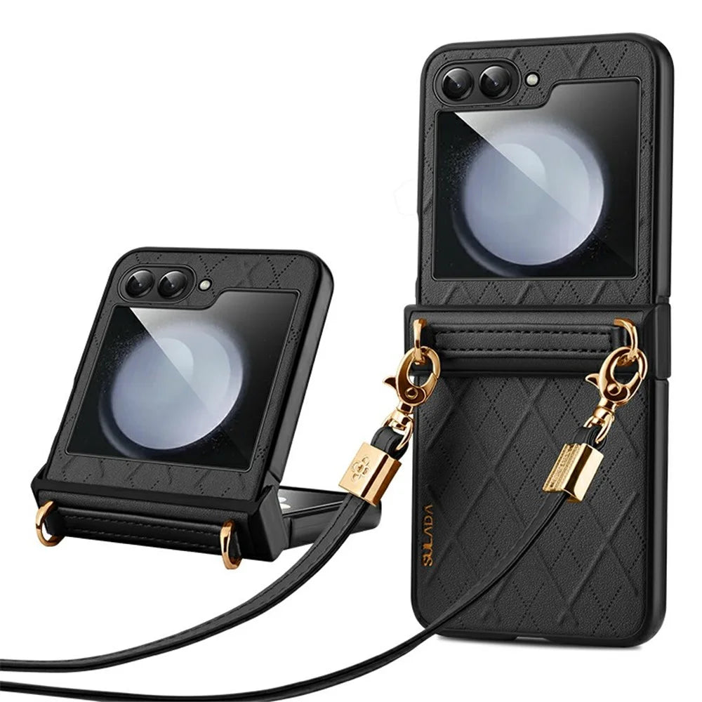 SULADA For Samsung Galaxy Z Flip7 FE 5G / Z Flip6 5G Case Rhombus Leather+PC Phone Cover with Shoulder Strap - Black - 1