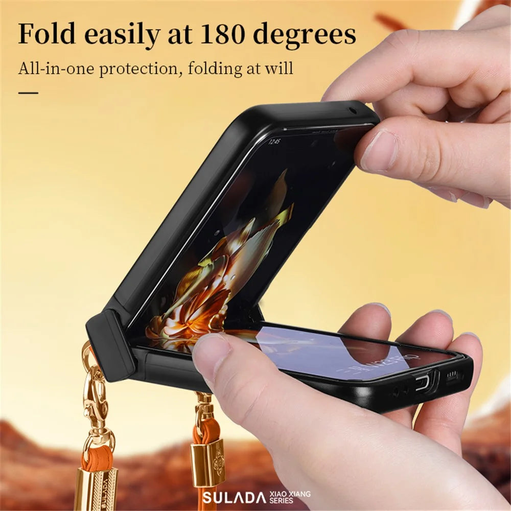 SULADA For Samsung Galaxy Z Flip7 FE 5G / Z Flip6 5G Case Rhombus Leather+PC Phone Cover with Shoulder Strap - Black - 5